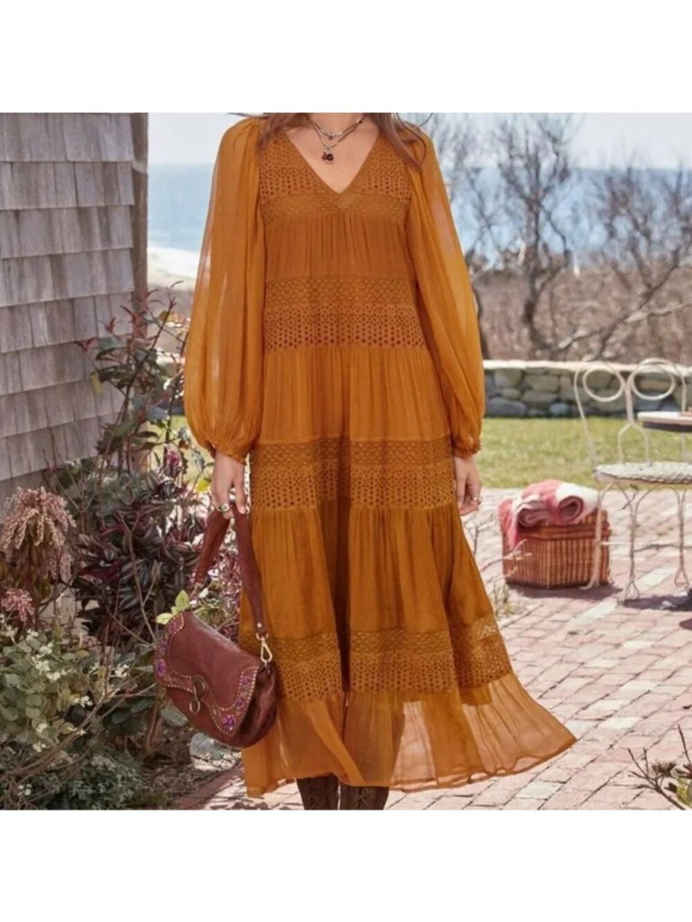 Sundance Adore Moi Dress Maxi Mixed-Media Eyelet Orange Honey Boho Petite SP